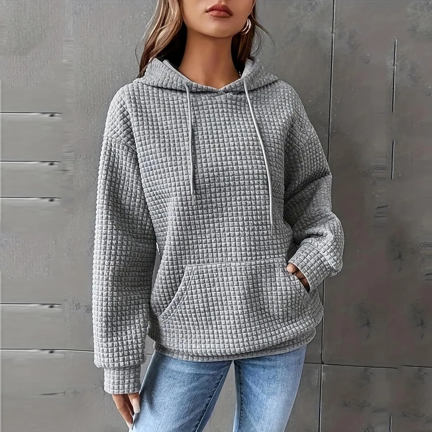 Waffle Knit Hoodie Women Oversized Drawstring Hooded Sweatshirts Y2K Waffle Pullover Loose Fit Casual Cute Clothes
