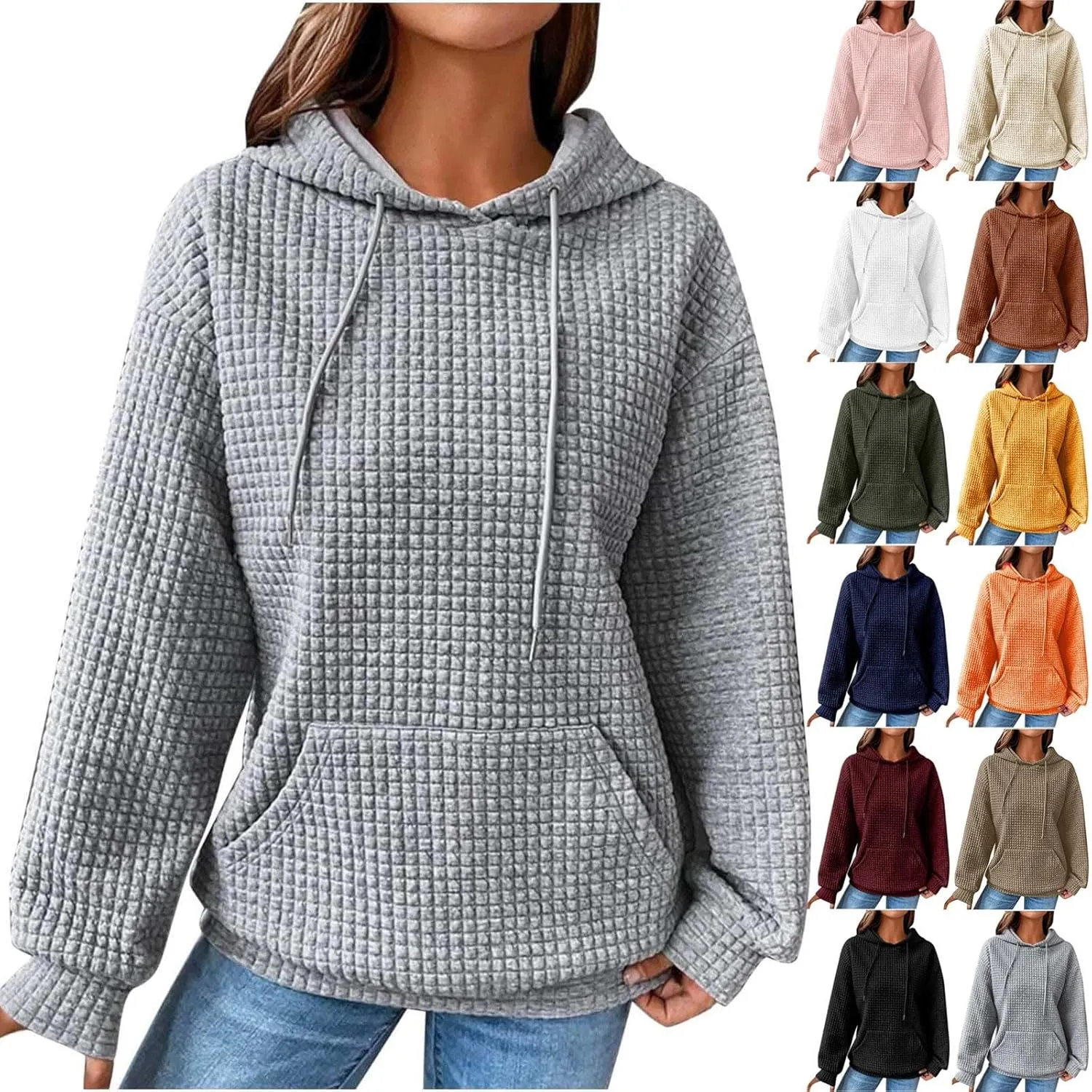 Waffle Knit Hoodie Women Oversized Drawstring Hooded Sweatshirts Y2K Waffle Pullover Loose Fit Casual Cute Clothes