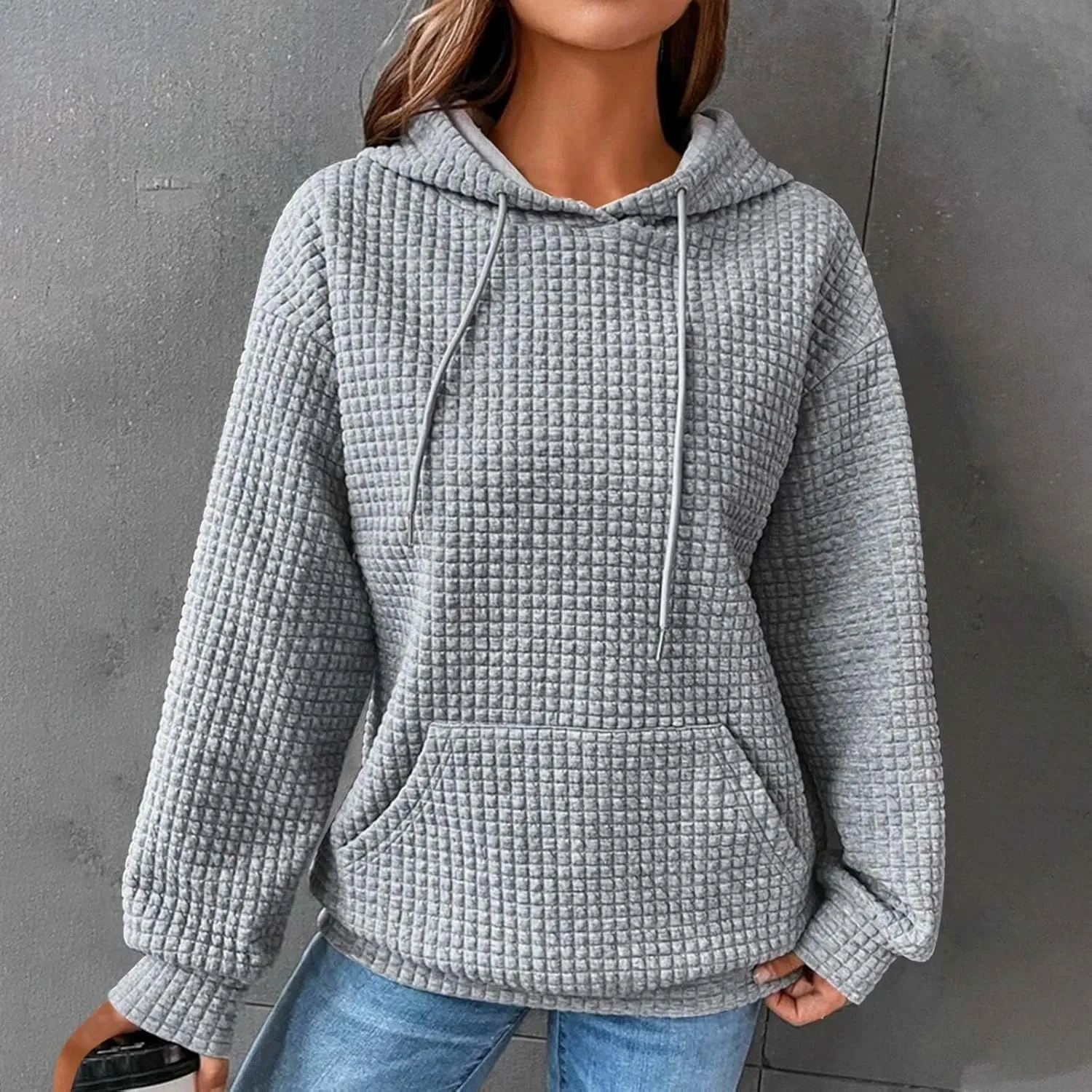 Waffle Knit Hoodie Women Oversized Drawstring Hooded Sweatshirts Y2K Waffle Pullover Loose Fit Casual Cute Clothes