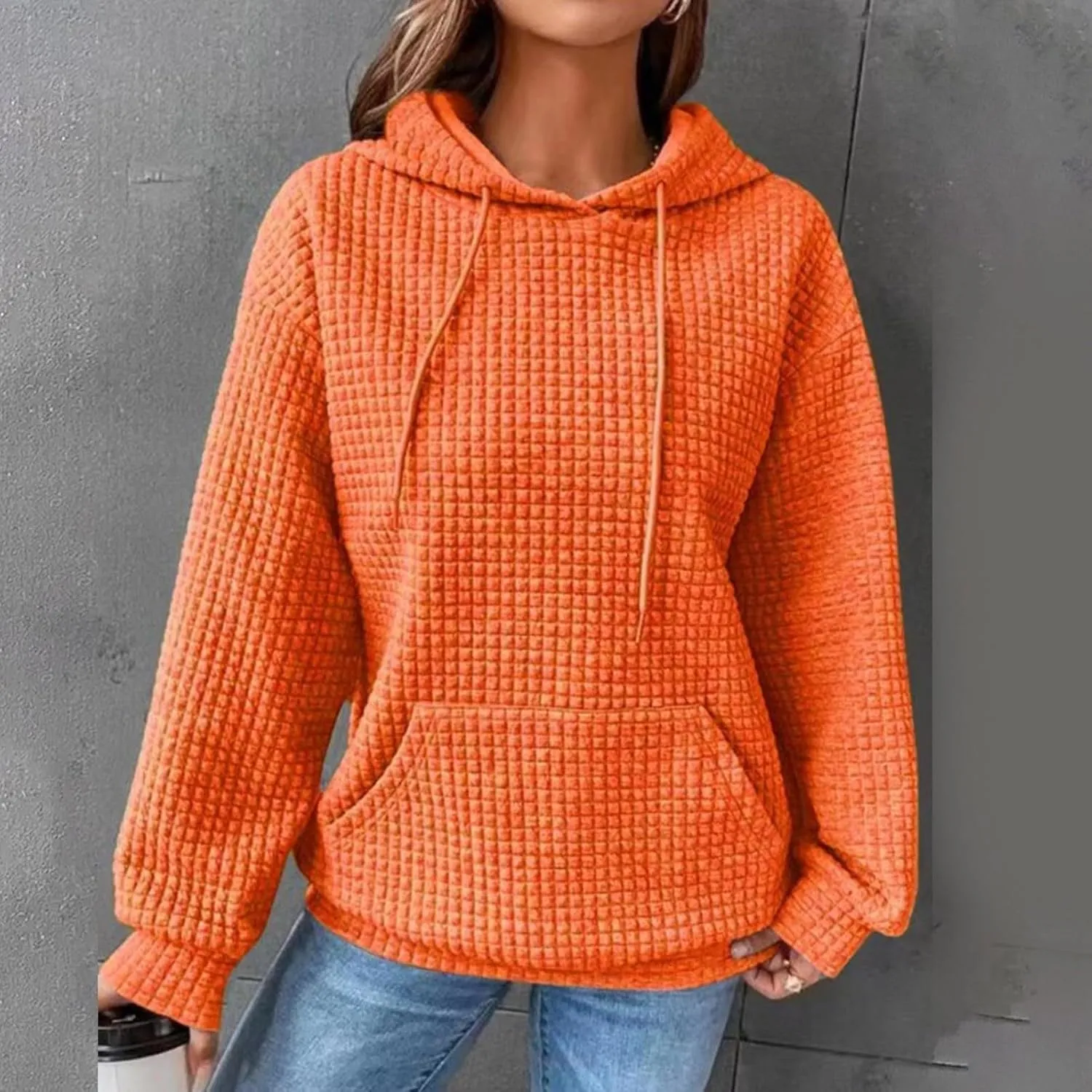 Waffle Knit Hoodie Women Oversized Drawstring Hooded Sweatshirts Y2K Waffle Pullover Loose Fit Casual Cute Clothes