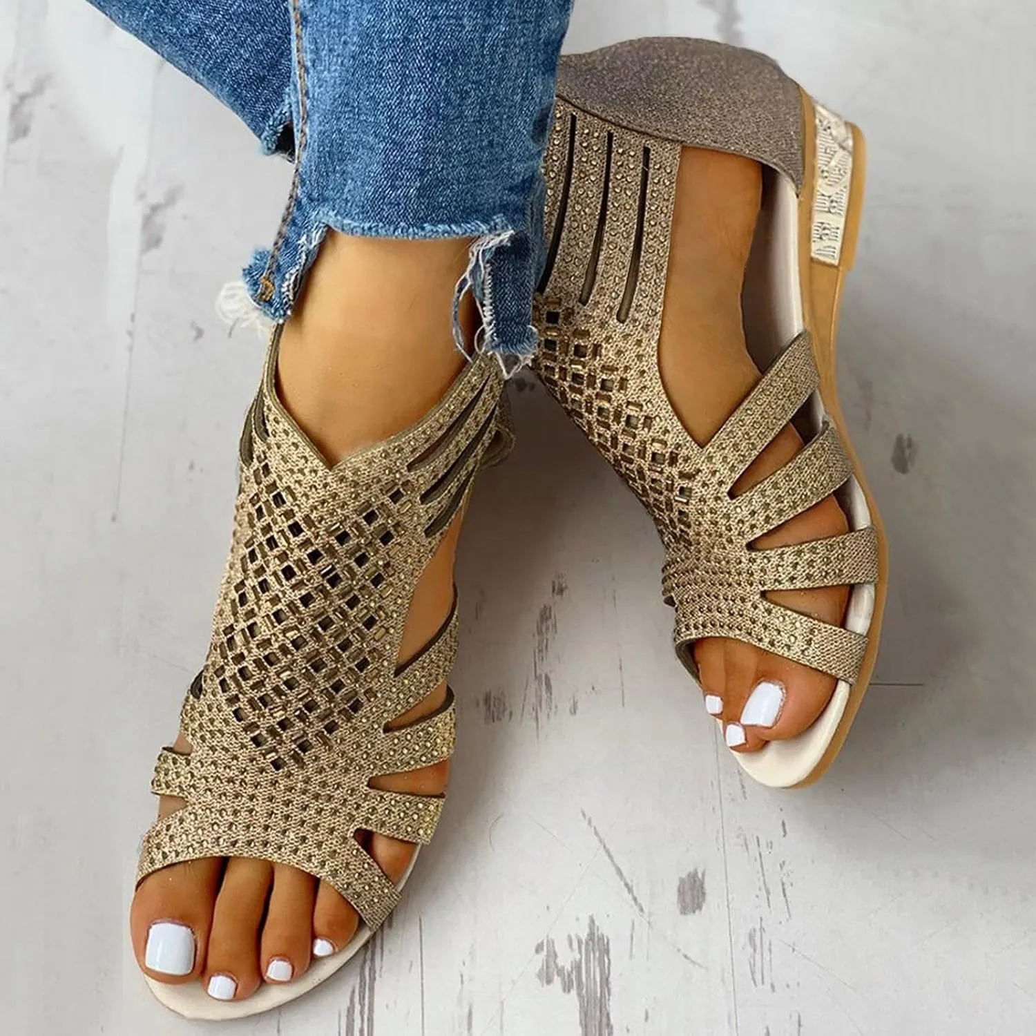 Wedge Sandals For Women Low,Comfortable Walking Sandals for Women Up Zip Out Hollow Crystal Outdoor Shoes Women's Womens Sandals Comfortable Boho Orthopedic Sandals Casual