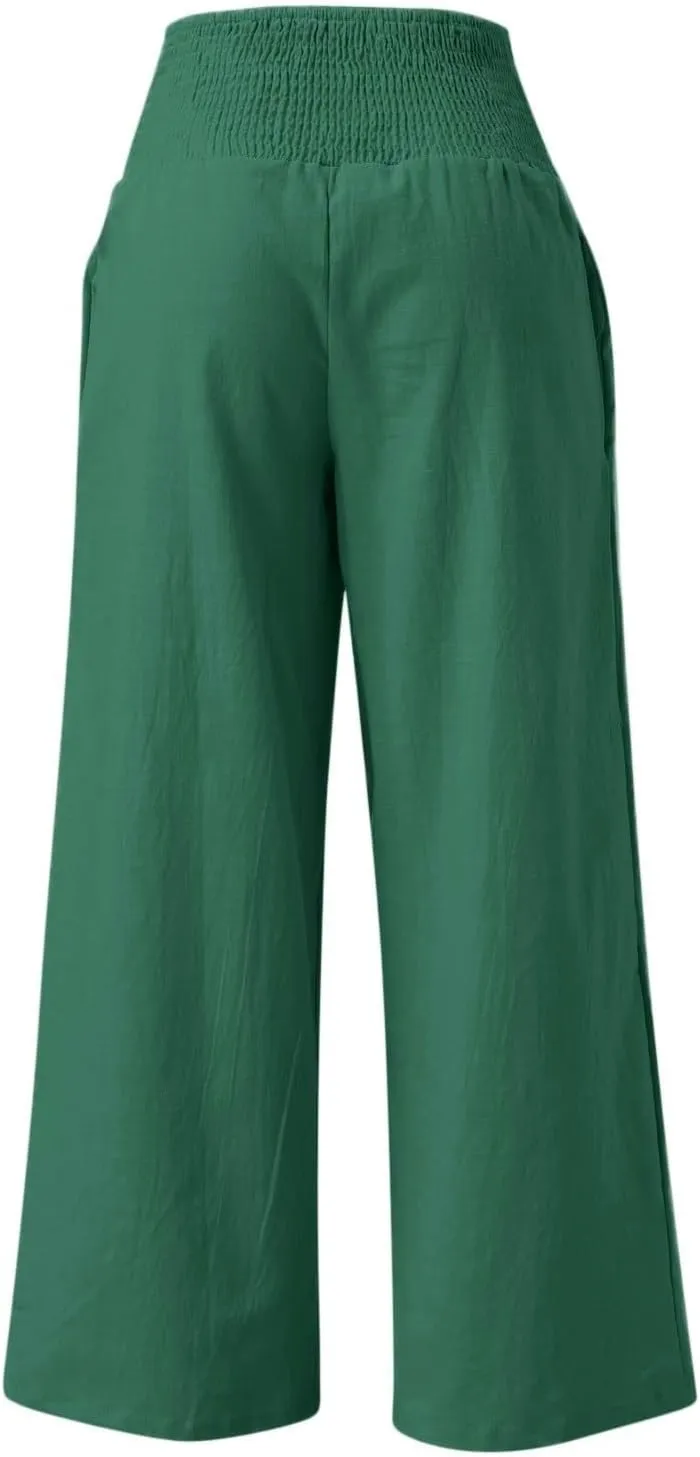 Wide Leg Linen Pants for Women Beach Summer Casual Elastic High Waist Loose Comfy Trousers Trendy Palazzo Pants with Pockets