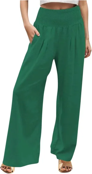 Wide Leg Linen Pants for Women Beach Summer Casual Elastic High Waist Loose Comfy Trousers Trendy Palazzo Pants with Pockets