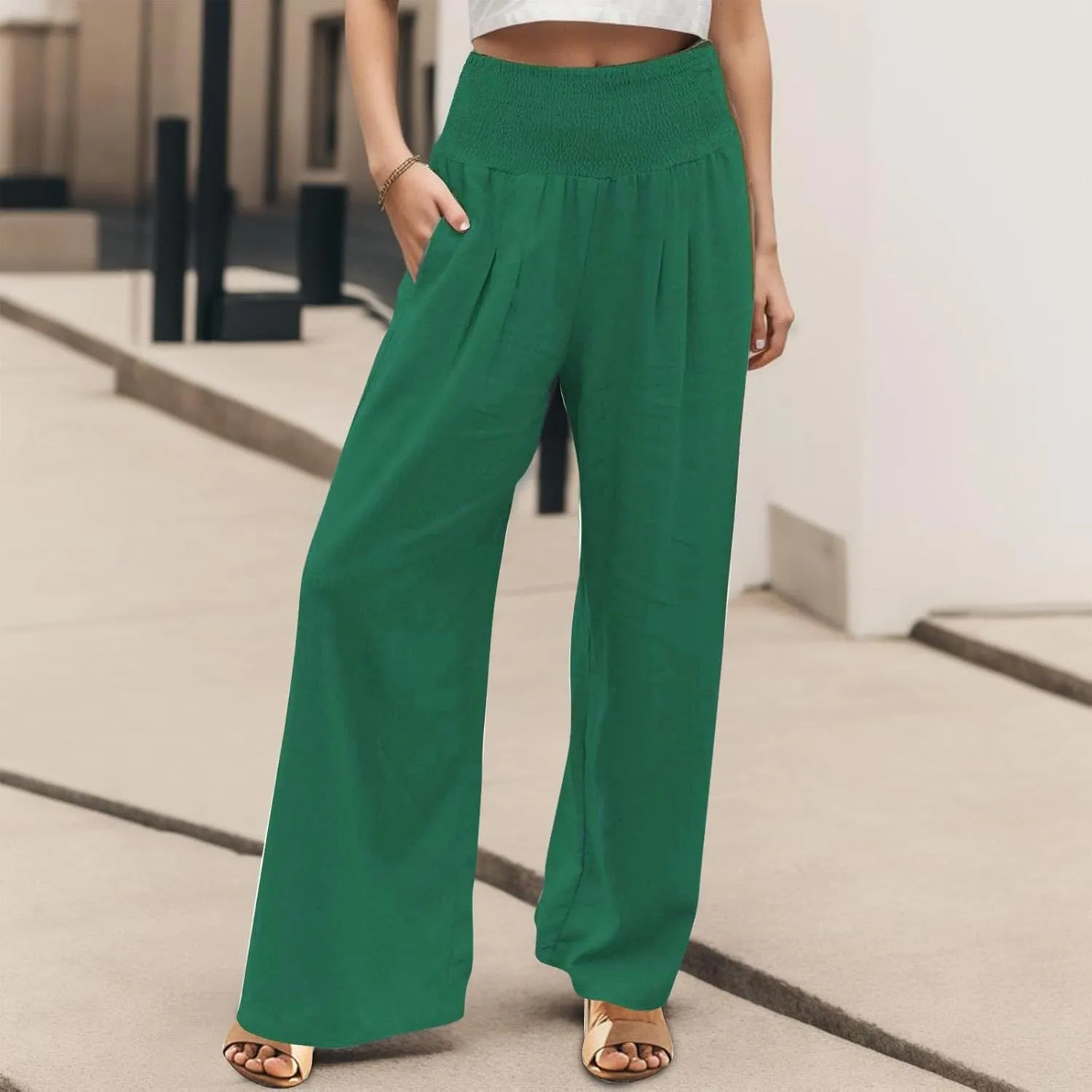 Wide Leg Linen Pants for Women Beach Summer Casual Elastic High Waist Loose Comfy Trousers Trendy Palazzo Pants with Pockets