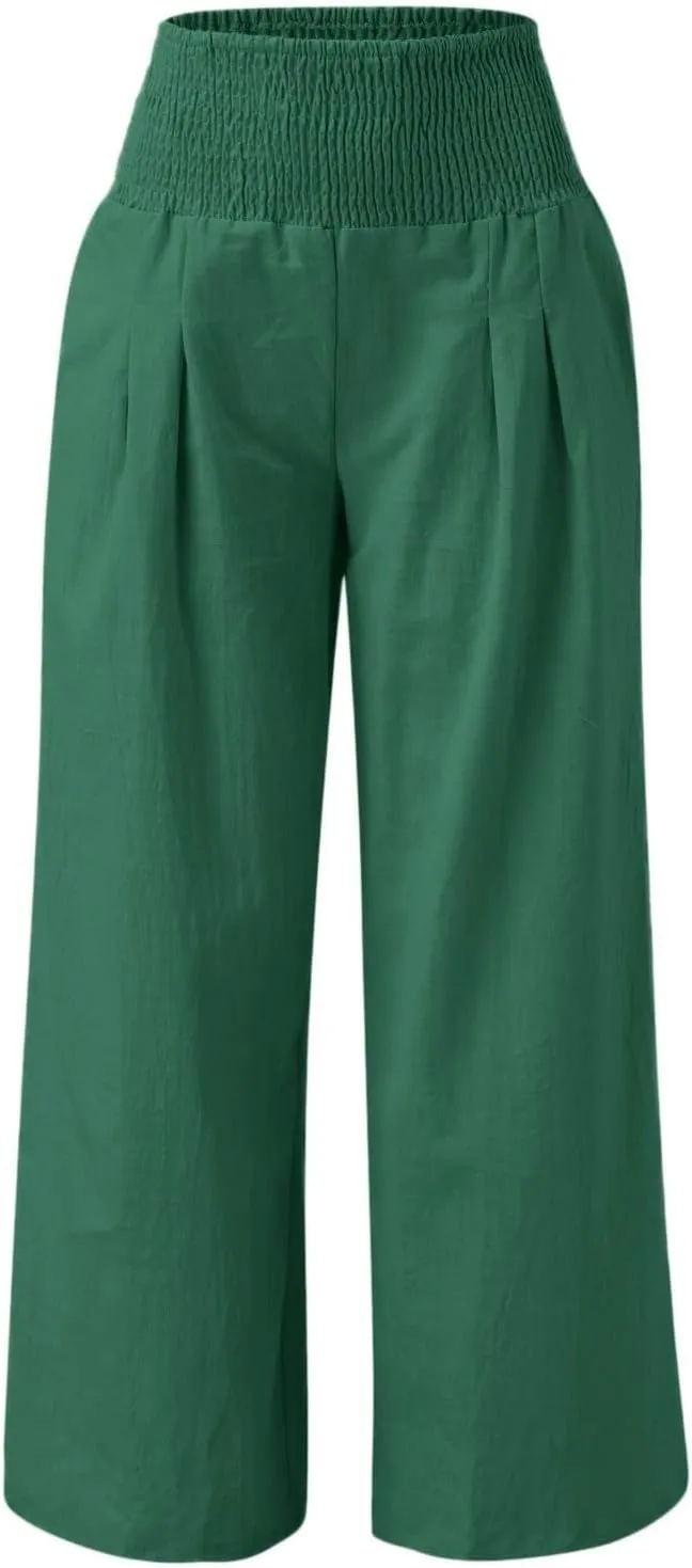 Wide Leg Linen Pants for Women Beach Summer Casual Elastic High Waist Loose Comfy Trousers Trendy Palazzo Pants with Pockets