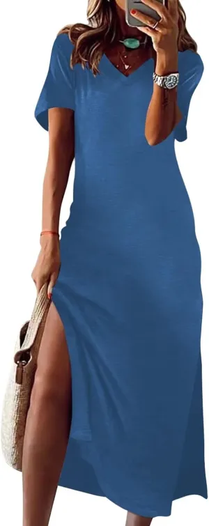 Wkior Women's Summer Maxi Dress Loose Casual Long Dress Color Block Short Sleeve Split Maxi Dresses(S-2XL)