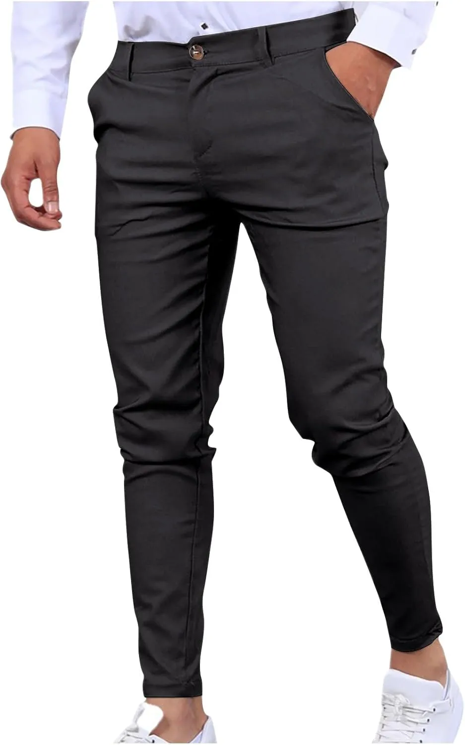 wodceeke Business Skinny Pants for Men Zipper High Waist Solid Color Pants Casual Stretchy Tapered Suit Trousers with Pocket