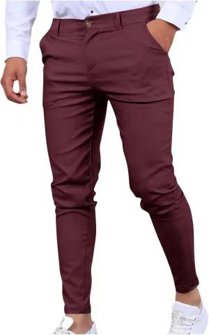 wodceeke Business Skinny Pants for Men Zipper High Waist Solid Color Pants Casual Stretchy Tapered Suit Trousers with Pocket