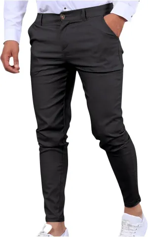 wodceeke Business Skinny Pants for Men Zipper High Waist Solid Color Pants Casual Stretchy Tapered Suit Trousers with Pocket
