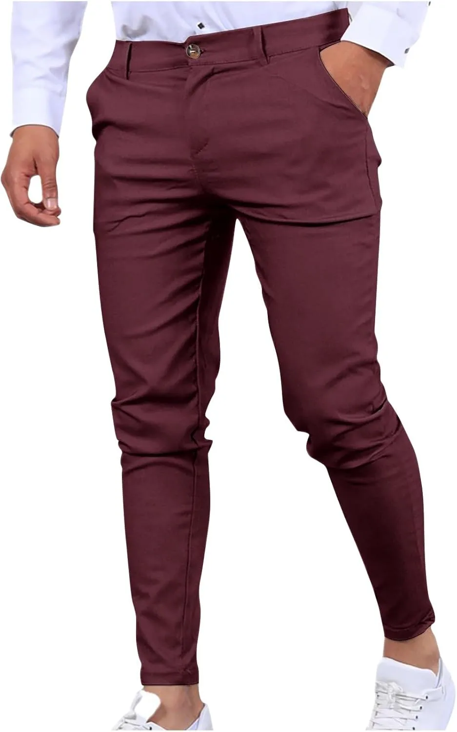 wodceeke Business Skinny Pants for Men Zipper High Waist Solid Color Pants Casual Stretchy Tapered Suit Trousers with Pocket