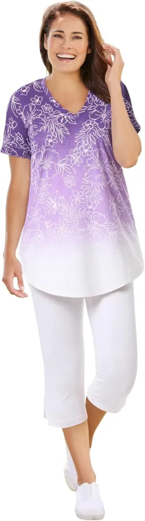 Woman Within Women's Plus Size Two-Piece V-Neck Tunic & Capri Set