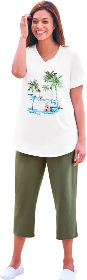 Woman Within Women's Plus Size Two-Piece V-Neck Tunic & Capri Set