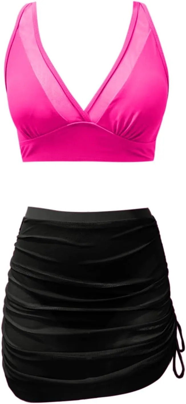 Women 2 Piece High Waisted Bikini Set Tummy Control Swimsuit Mesh Sarong Wraps Swim Skirt Bathing Suit Ladies Swimwear