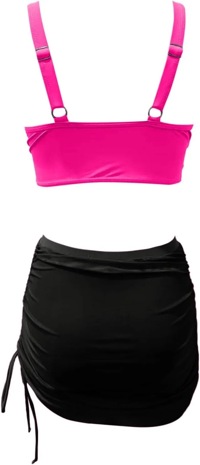 Women 2 Piece High Waisted Bikini Set Tummy Control Swimsuit Mesh Sarong Wraps Swim Skirt Bathing Suit Ladies Swimwear