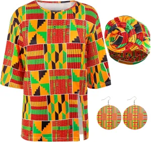 Women African Print Shirts 3/4 Sleeve Dashiki Henley Loose Tops Boho Casual Fit Crew Neck Traditional T Shirt