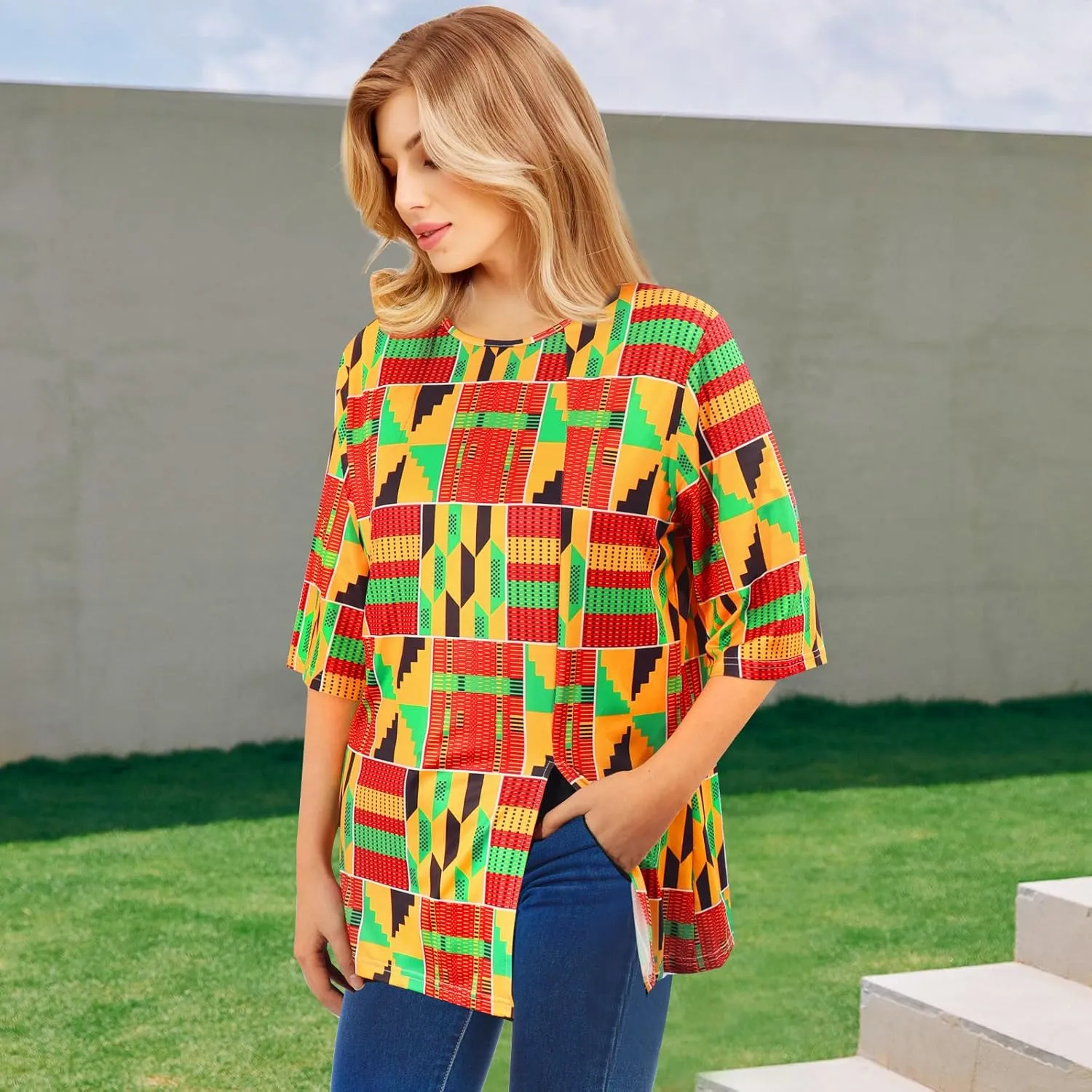 Women African Print Shirts 3/4 Sleeve Dashiki Henley Loose Tops Boho Casual Fit Crew Neck Traditional T Shirt