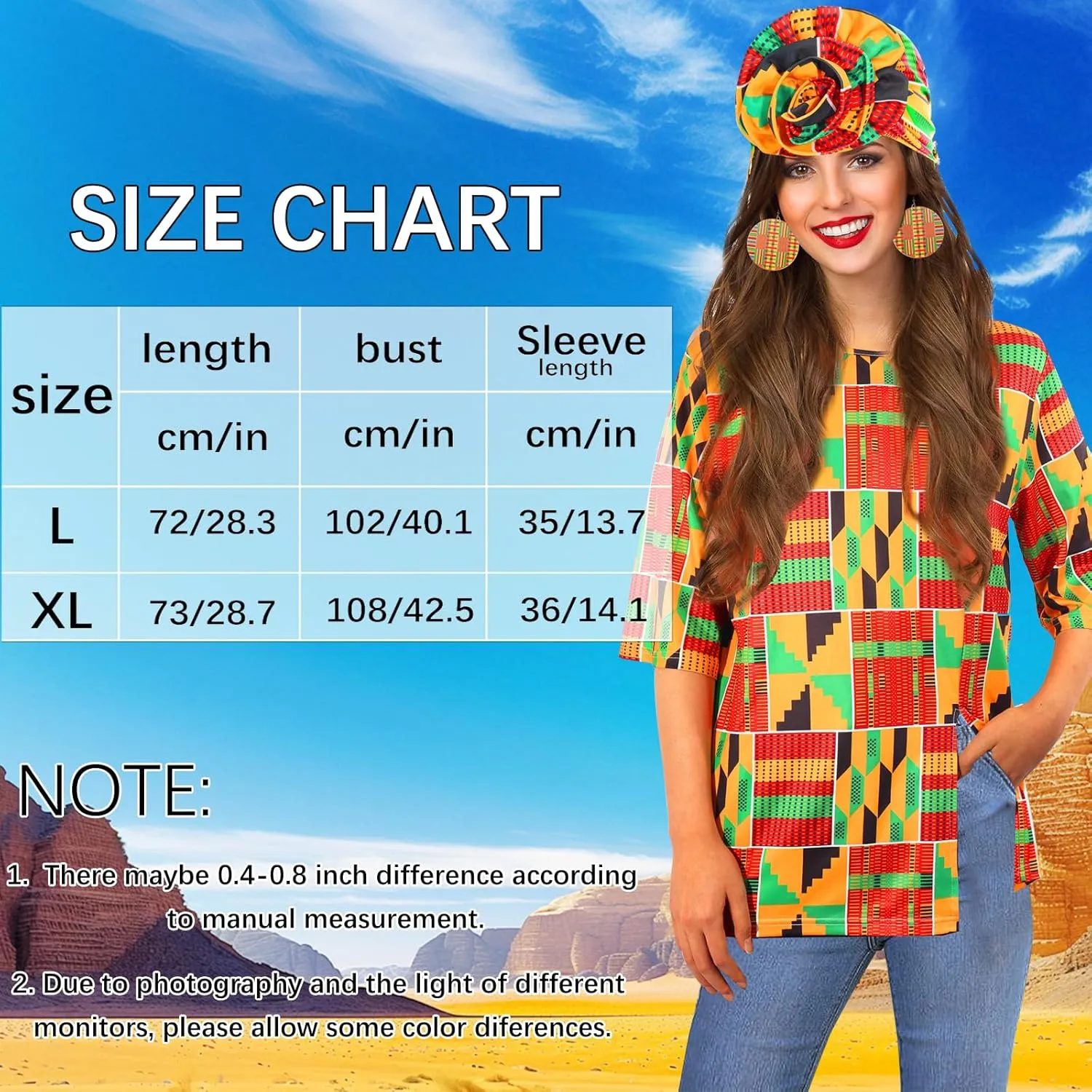 Women African Print Shirts 3/4 Sleeve Dashiki Henley Loose Tops Boho Casual Fit Crew Neck Traditional T Shirt