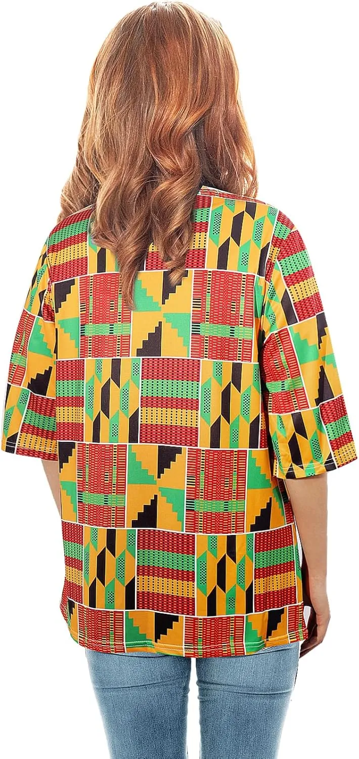 Women African Print Shirts 3/4 Sleeve Dashiki Henley Loose Tops Boho Casual Fit Crew Neck Traditional T Shirt