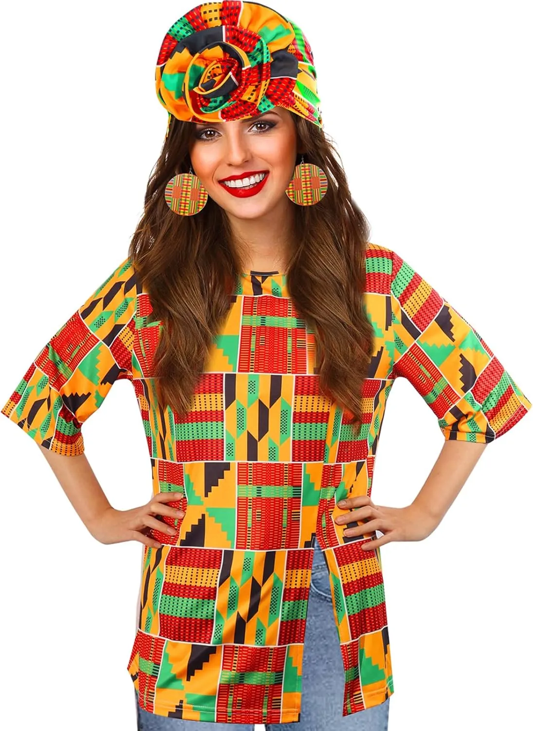 Women African Print Shirts 3/4 Sleeve Dashiki Henley Loose Tops Boho Casual Fit Crew Neck Traditional T Shirt