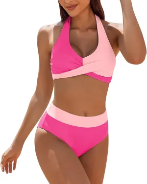Women Bikini Sets, Halter Wrap Push Up Tummy Control Swimsuits Twist Front Two Piece Ruched Mid Waisted Bathing Suit