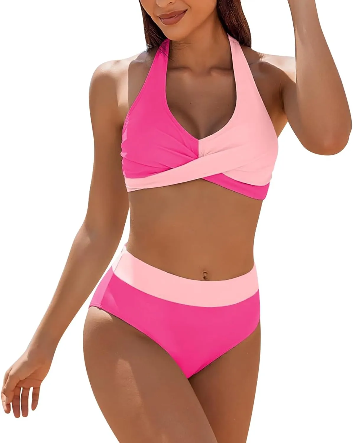 Women Bikini Sets, Halter Wrap Push Up Tummy Control Swimsuits Twist Front Two Piece Ruched Mid Waisted Bathing Suit