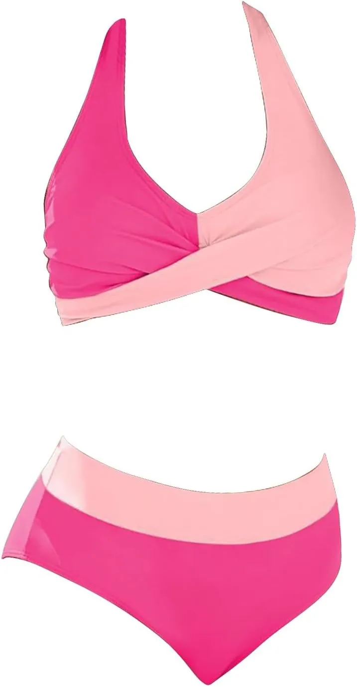 Women Bikini Sets, Halter Wrap Push Up Tummy Control Swimsuits Twist Front Two Piece Ruched Mid Waisted Bathing Suit