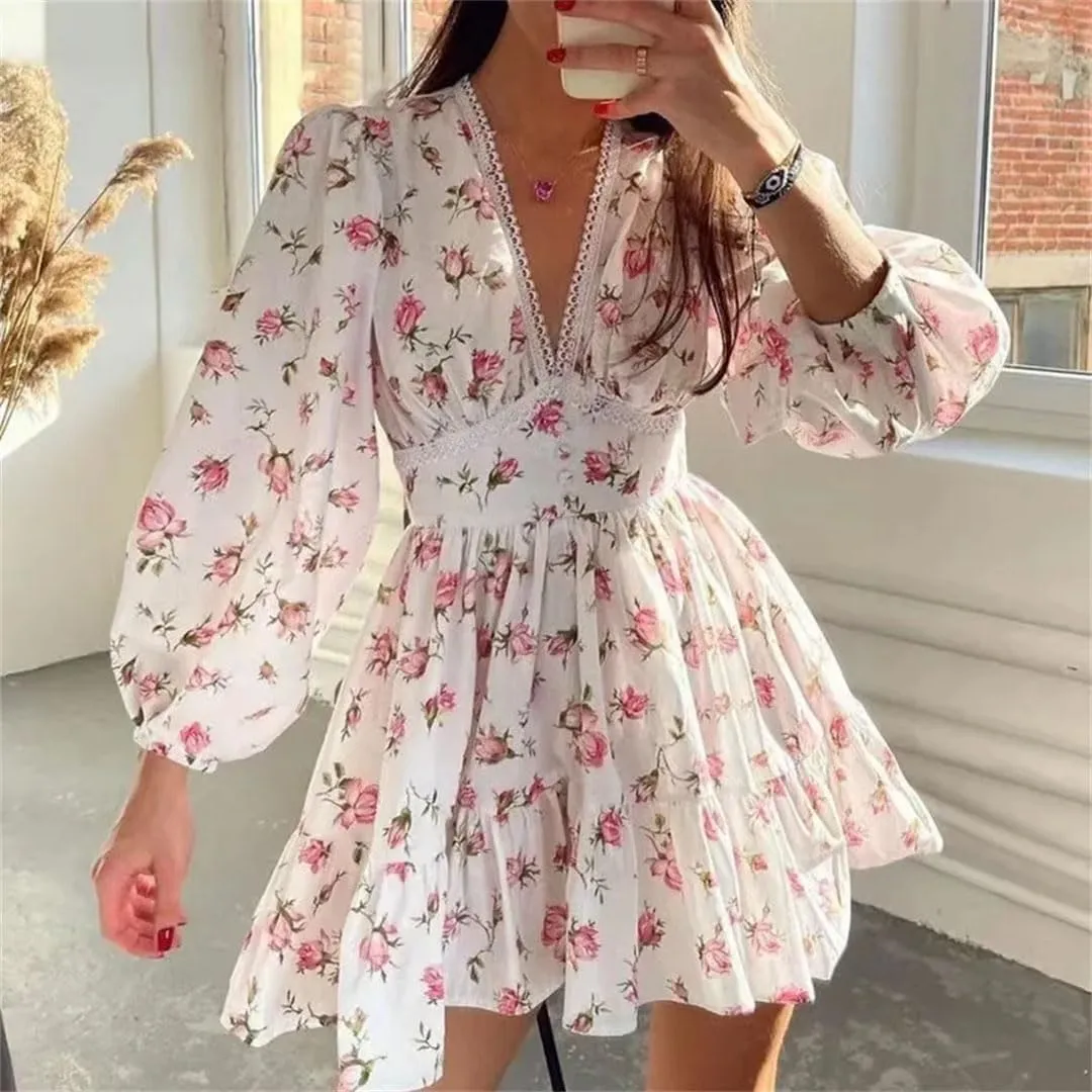 Women Bohemian Floral Print V-Neck Long Sleeve Mini Pullover Dress Vintage Loose Fit Beach Dress