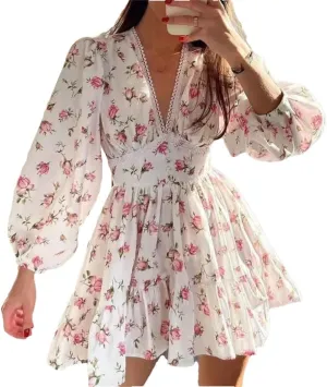 Women Bohemian Floral Print V-Neck Long Sleeve Mini Pullover Dress Vintage Loose Fit Beach Dress