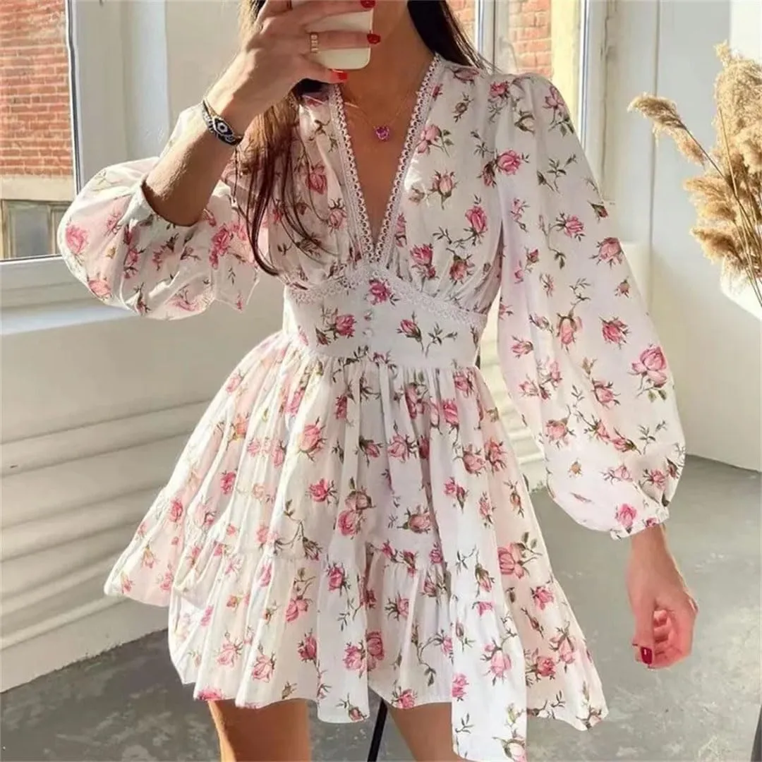 Women Bohemian Floral Print V-Neck Long Sleeve Mini Pullover Dress Vintage Loose Fit Beach Dress