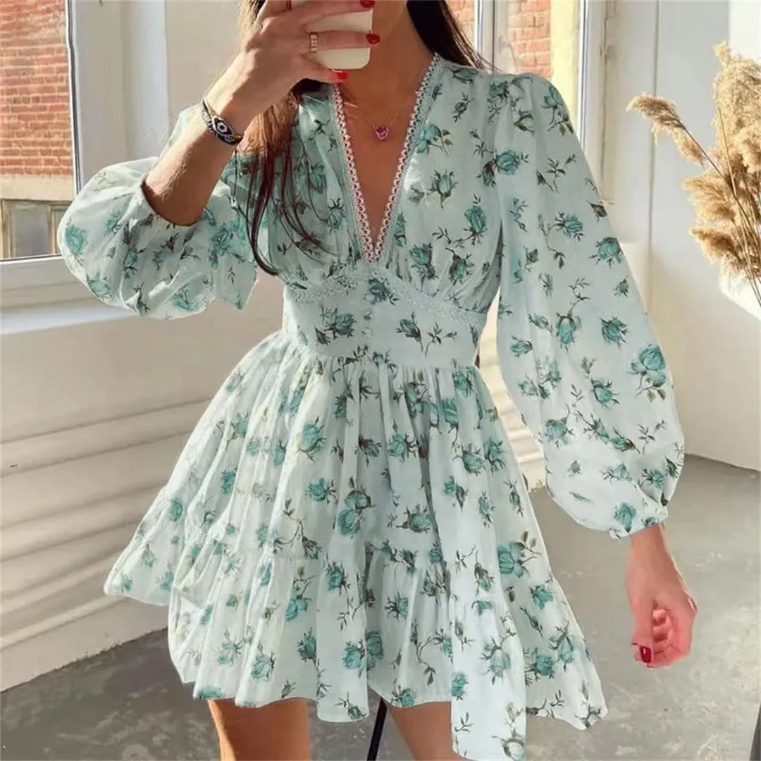 Women Bohemian Floral Print V-Neck Long Sleeve Mini Pullover Dress Vintage Loose Fit Beach Dress