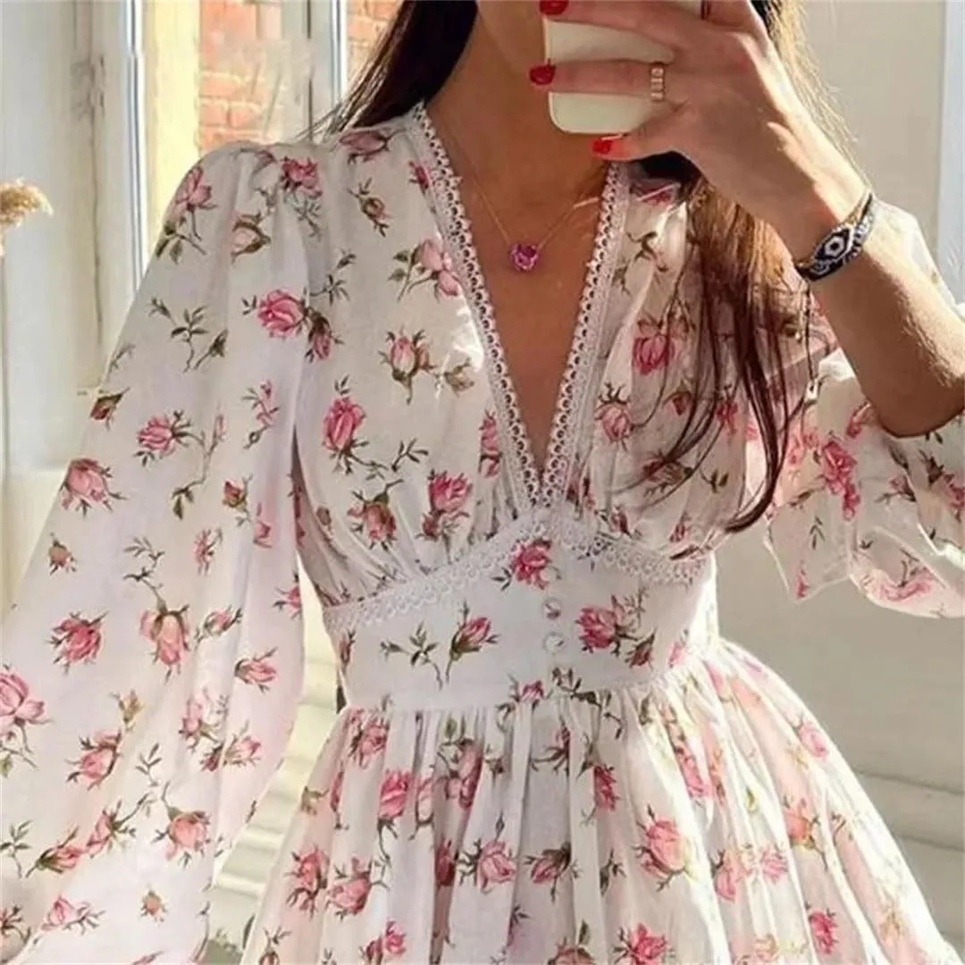 Women Bohemian Floral Print V-Neck Long Sleeve Mini Pullover Dress Vintage Loose Fit Beach Dress