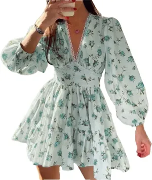 Women Bohemian Floral Print V-Neck Long Sleeve Mini Pullover Dress Vintage Loose Fit Beach Dress