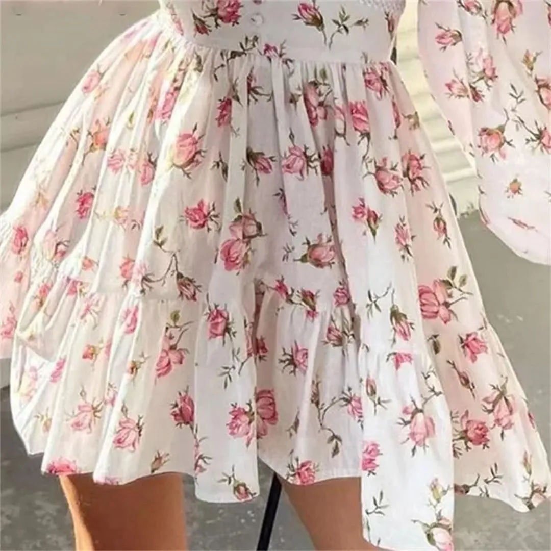 Women Bohemian Floral Print V-Neck Long Sleeve Mini Pullover Dress Vintage Loose Fit Beach Dress