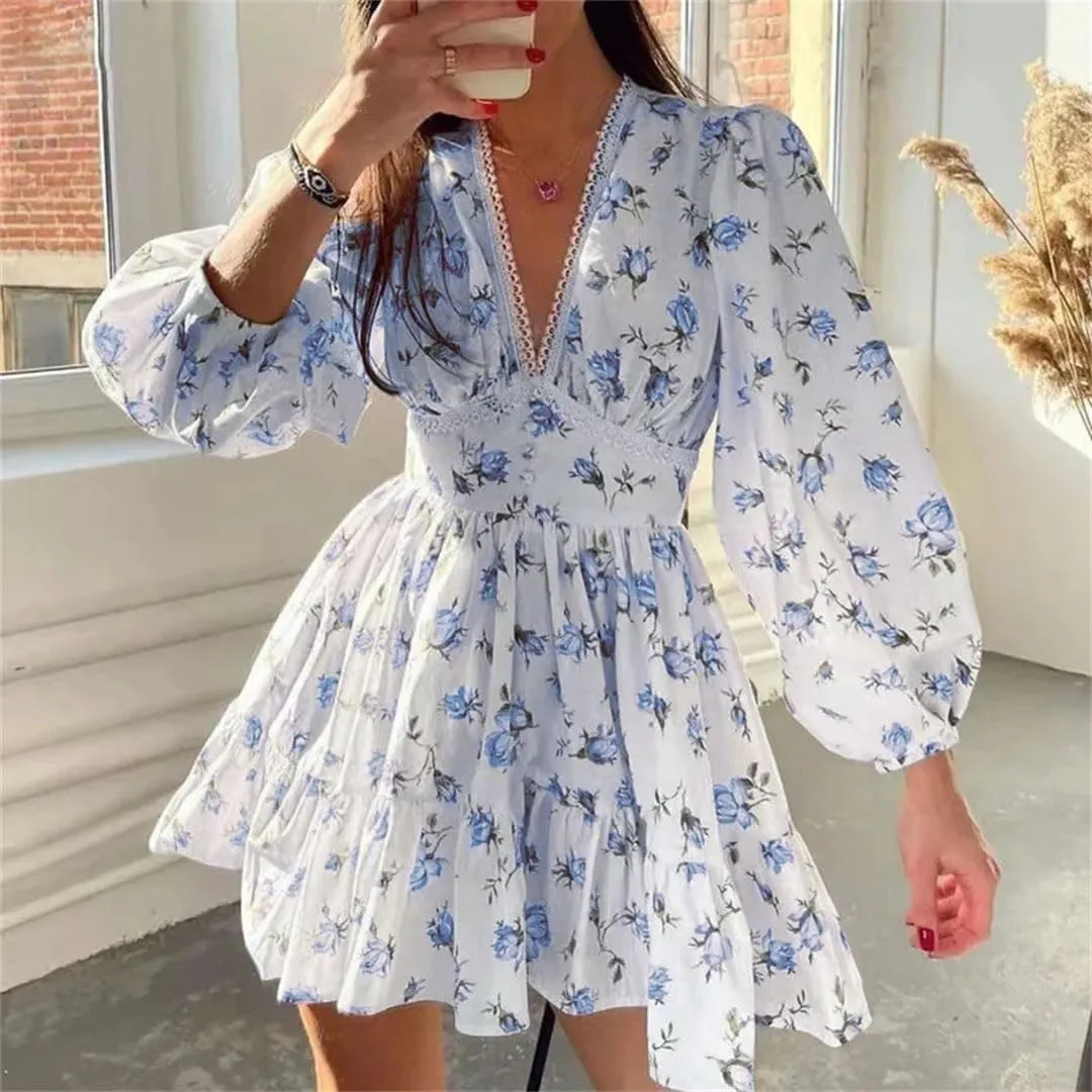 Women Bohemian Floral Print V-Neck Long Sleeve Mini Pullover Dress Vintage Loose Fit Beach Dress