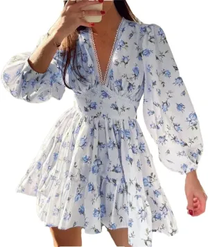 Women Bohemian Floral Print V-Neck Long Sleeve Mini Pullover Dress Vintage Loose Fit Beach Dress