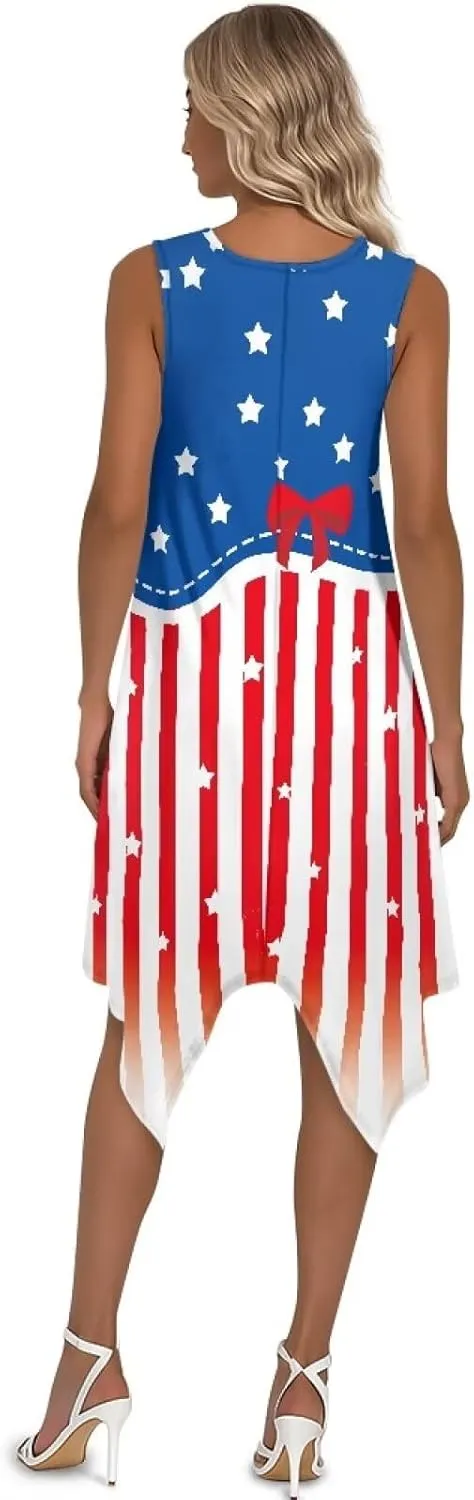 Women Casual Dress Crewneck Sleeveless Tank Dress Hankerchief Hem Beach Holiday Sundress with Pockets Size S-5XL