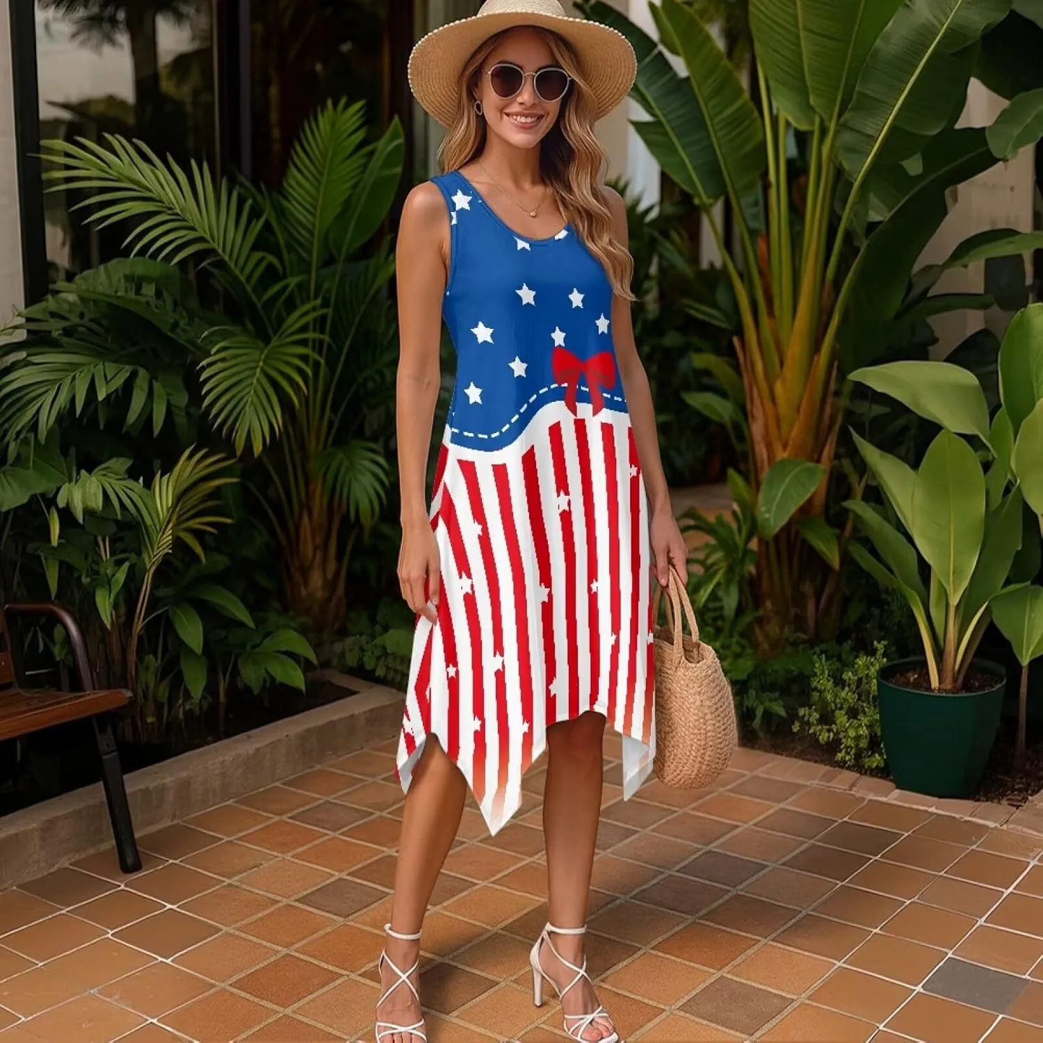Women Casual Dress Crewneck Sleeveless Tank Dress Hankerchief Hem Beach Holiday Sundress with Pockets Size S-5XL