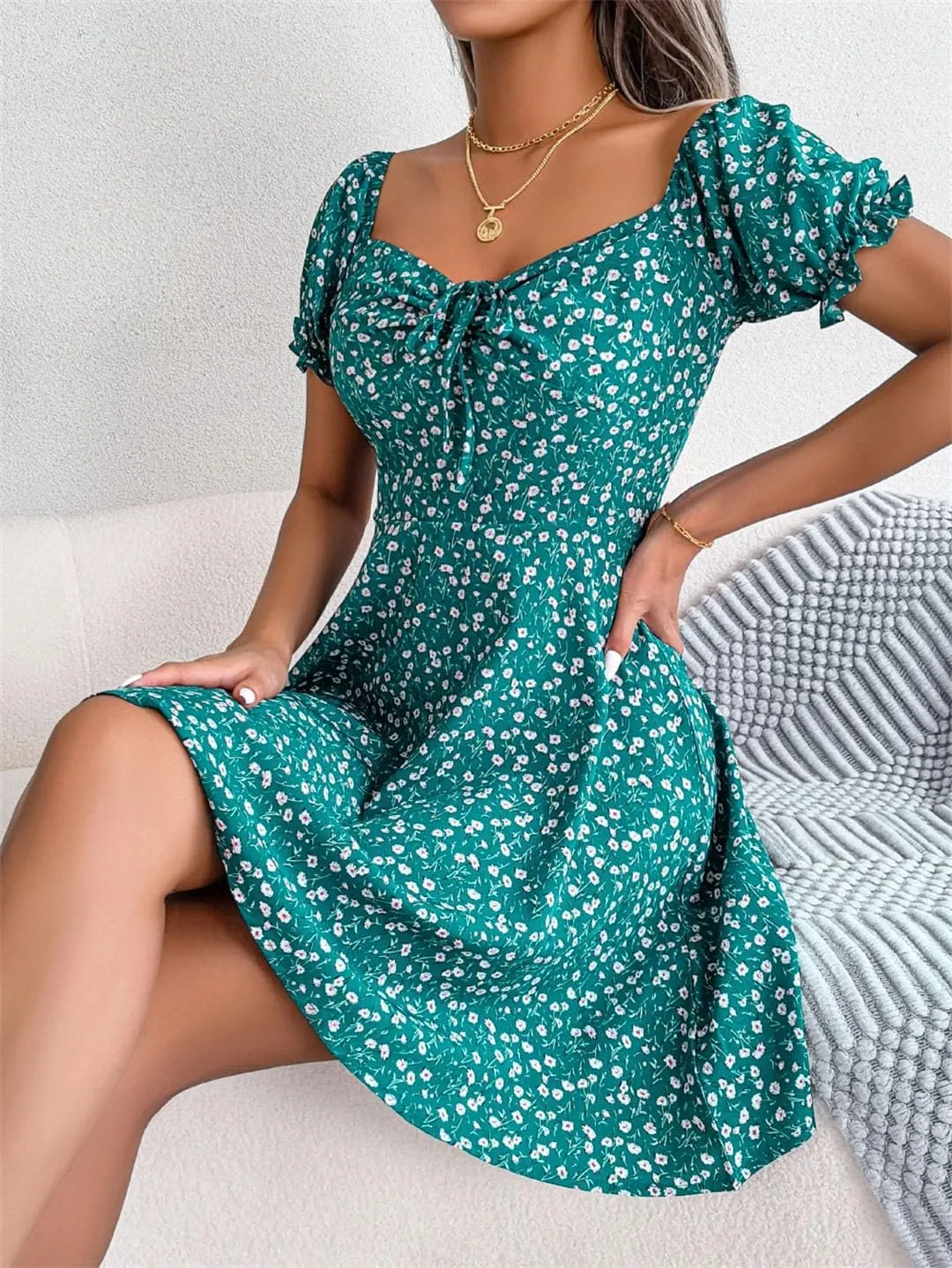 Women Casual Floral Print Flare Sleeve Mini Dress Bow Detail A Line Boho Summer Dress