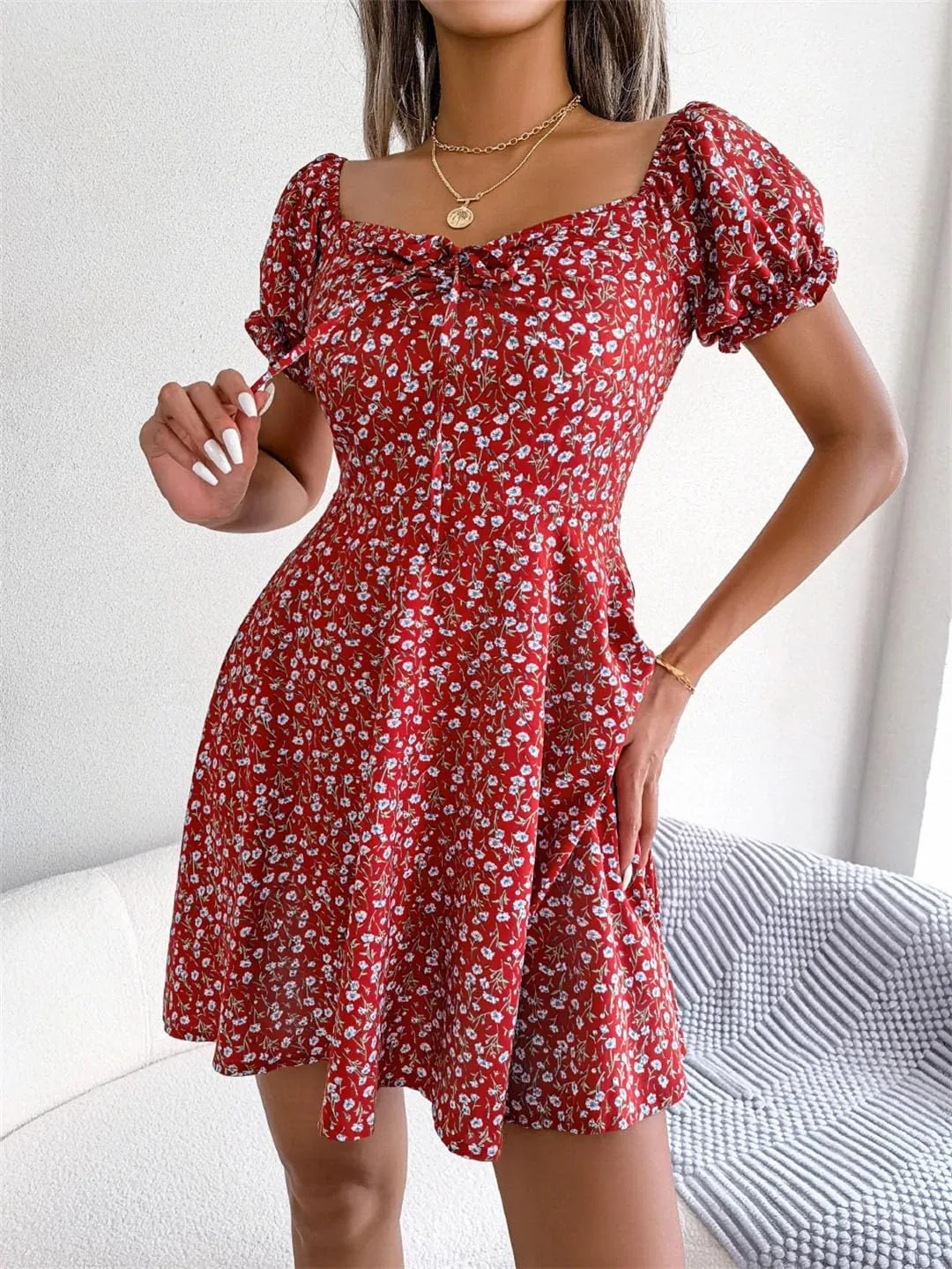 Women Casual Floral Print Flare Sleeve Mini Dress Bow Detail A Line Boho Summer Dress