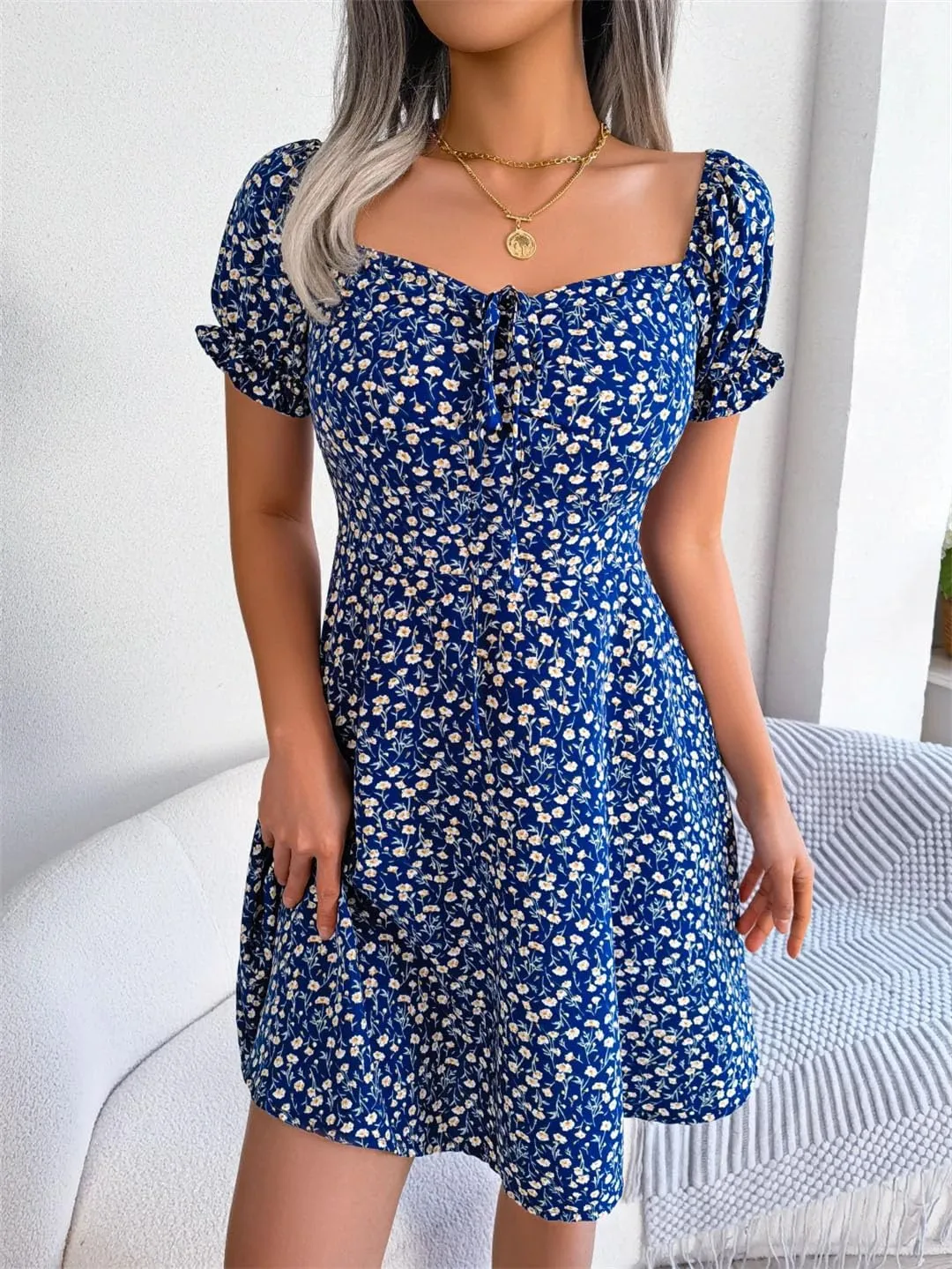 Women Casual Floral Print Flare Sleeve Mini Dress Bow Detail A Line Boho Summer Dress