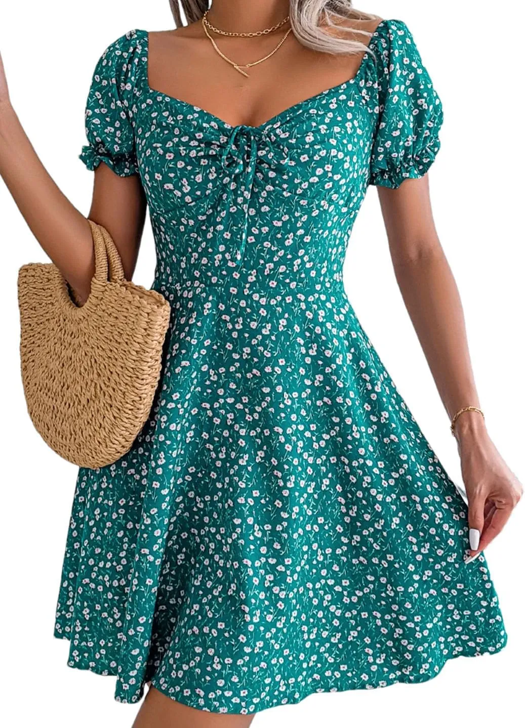 Women Casual Floral Print Flare Sleeve Mini Dress Bow Detail A Line Boho Summer Dress