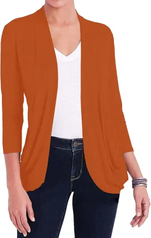 Women Casual Lightweight Cardigan 3/4 Sleeve Draped Open Front Soft Cardigans with Pockets