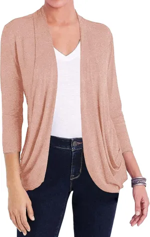 Women Casual Lightweight Cardigan 3/4 Sleeve Draped Open Front Soft Cardigans with Pockets