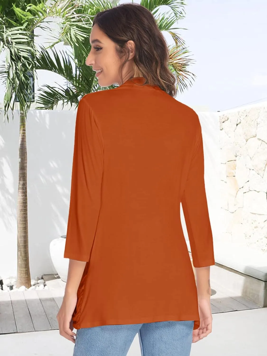 Women Casual Lightweight Cardigan 3/4 Sleeve Draped Open Front Soft Cardigans with Pockets
