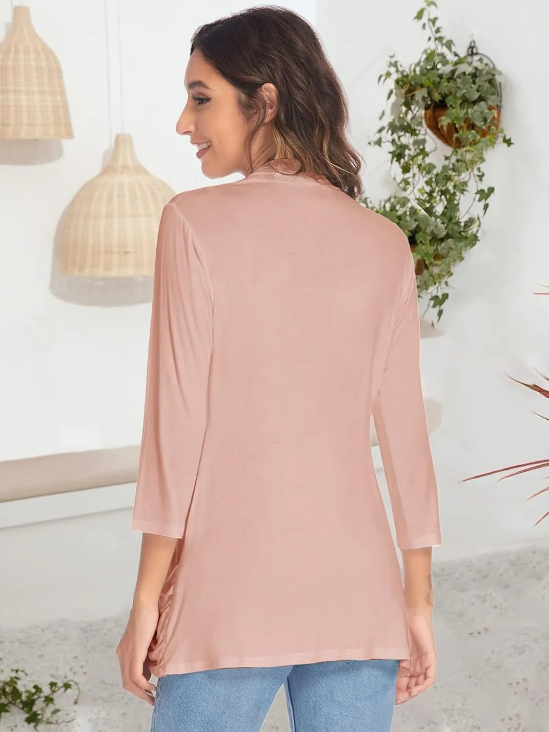 Women Casual Lightweight Cardigan 3/4 Sleeve Draped Open Front Soft Cardigans with Pockets