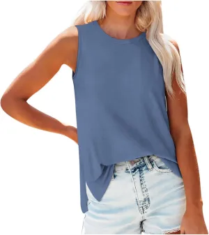 Women Casual Tank Tops Crewneck Sleeveless Shirt Loose Fit Basic Shirts 2024 Trendy Side Split Tunic Top Solid Tee Blouses