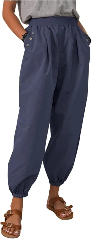 Women Cotton Linen Pants Casual Harem Pants Elastic High Waist Yoga Pants Athletic Joggers Lounge Pants Loose Wide Leg Pants
