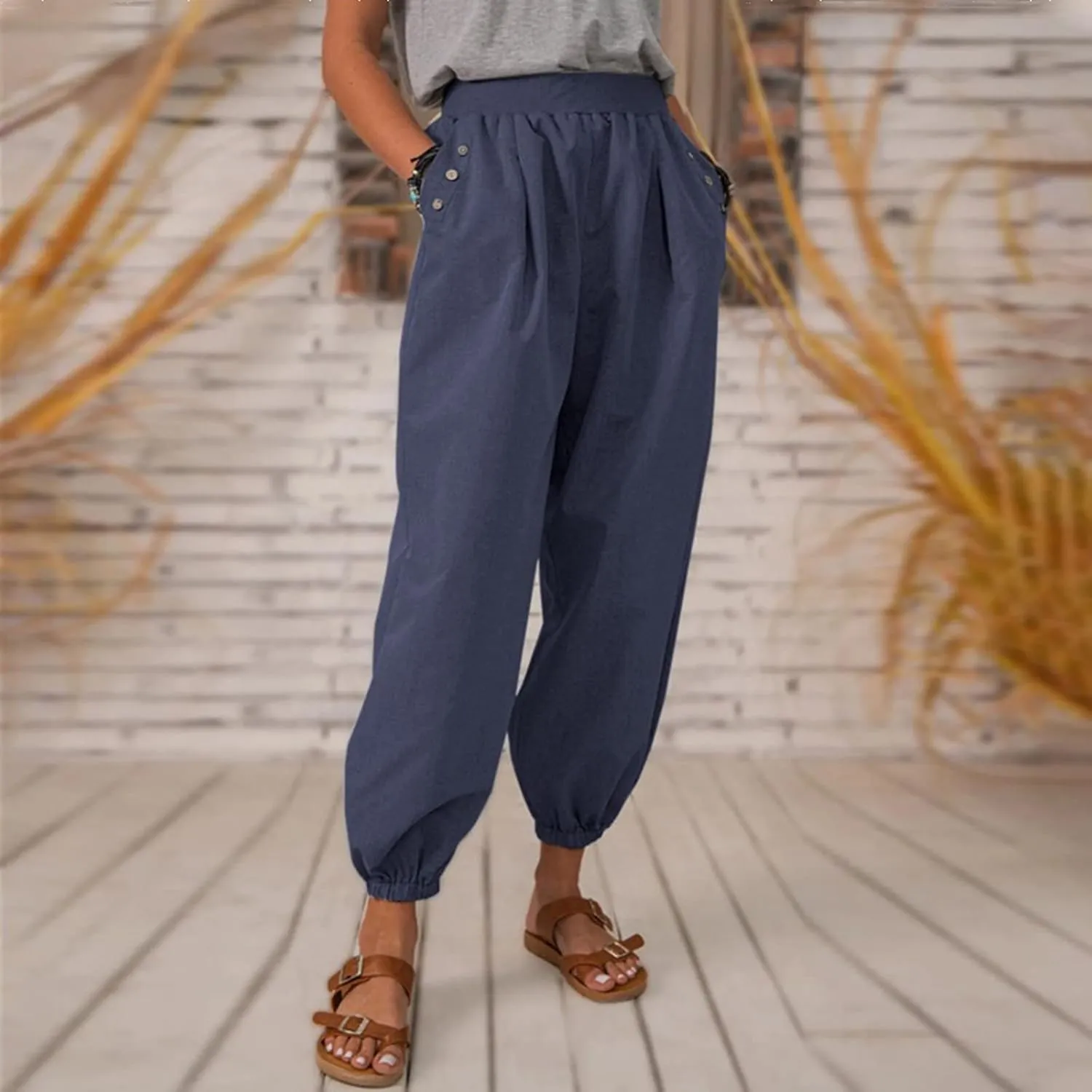 Women Cotton Linen Pants Casual Harem Pants Elastic High Waist Yoga Pants Athletic Joggers Lounge Pants Loose Wide Leg Pants
