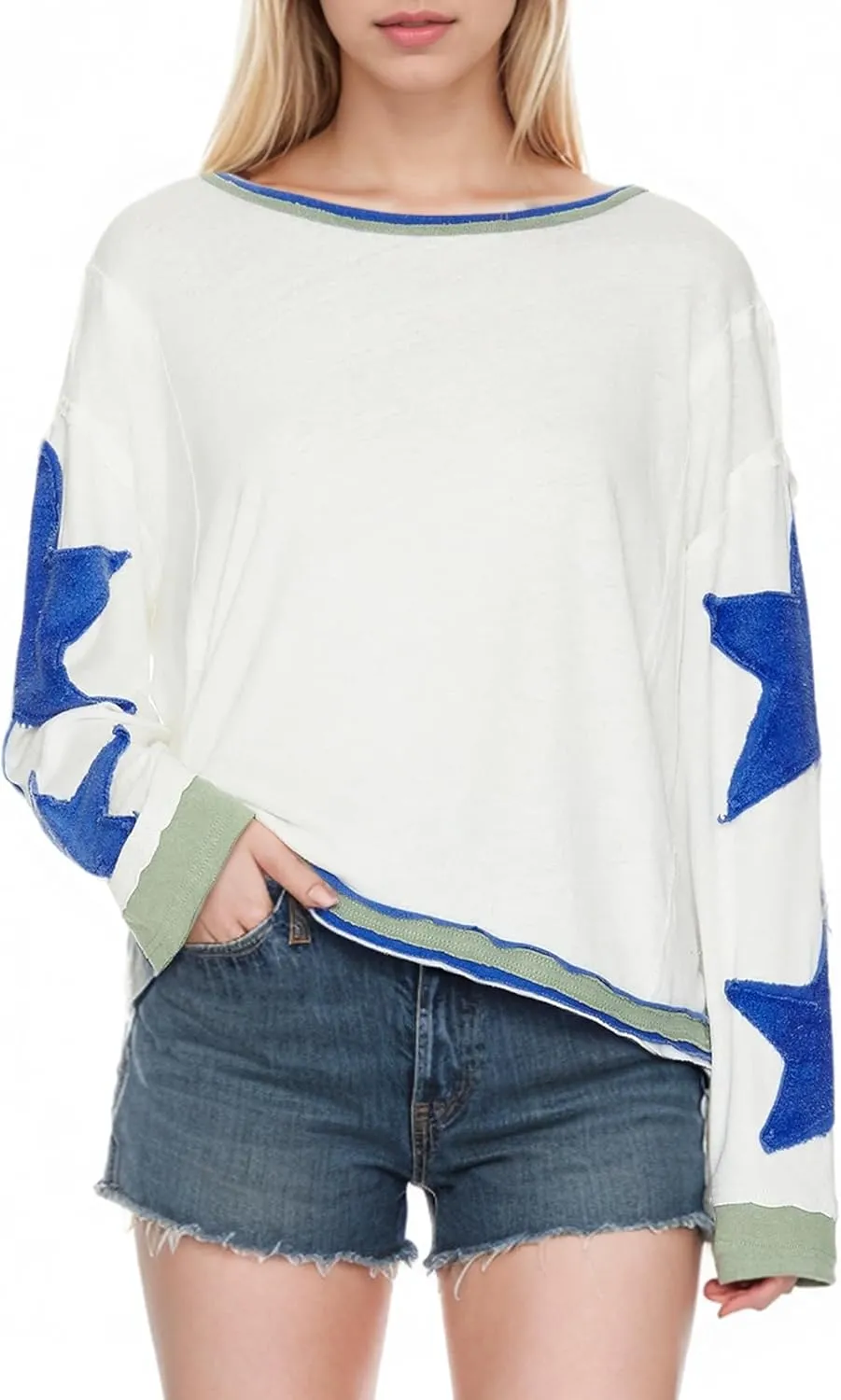 Women Cotton Oversized Shirts Lightweight Long Sleeve Crewneck Star Pullover Sweatshirt Hoodies 2025 Spring Clothes