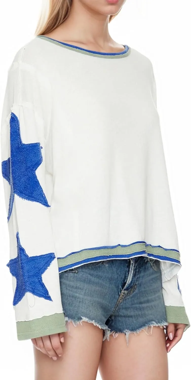 Women Cotton Oversized Shirts Lightweight Long Sleeve Crewneck Star Pullover Sweatshirt Hoodies 2025 Spring Clothes